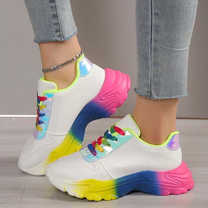 Zapatillas deportivas estilo INS de color arcoíris para mujer, zapatillas con cordones y suela gruesa, zapatillas de moda informales, ligeras, para correr y caminar