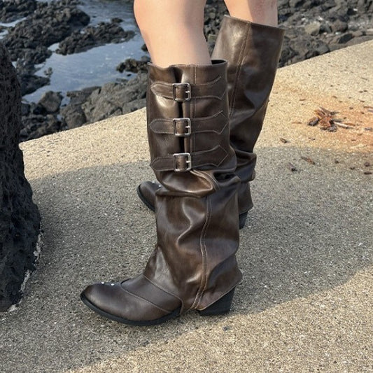 Brown Western Denim Pleated Pile Style Boots