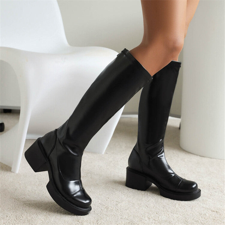 Round-toed Black Waterproof Platform Boots With Thick Heels Falling Below The Knee