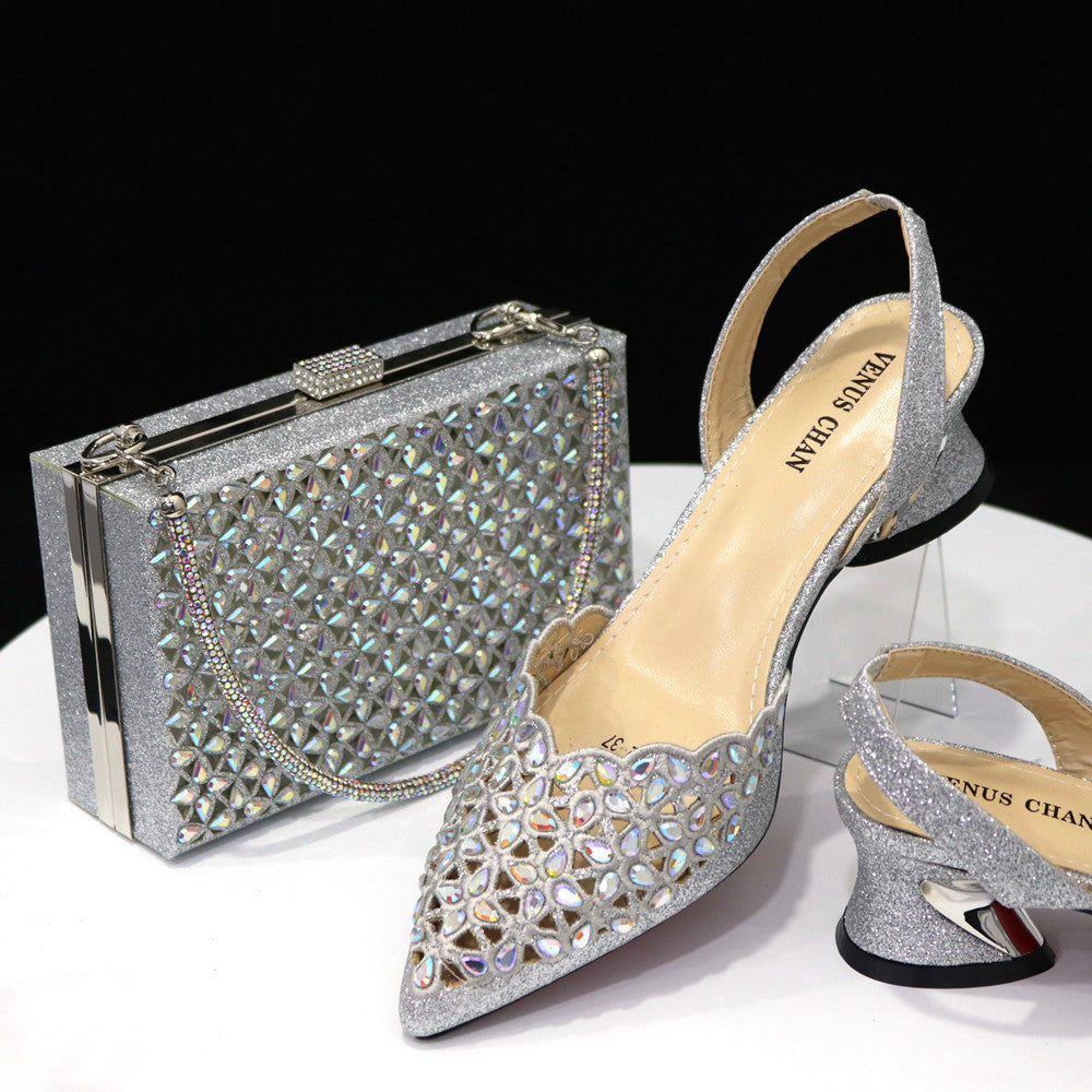 Chaussures de soirée à bout pointu pour femmes avec bande élastique vide et sac carré en cristal avec visage en diamant