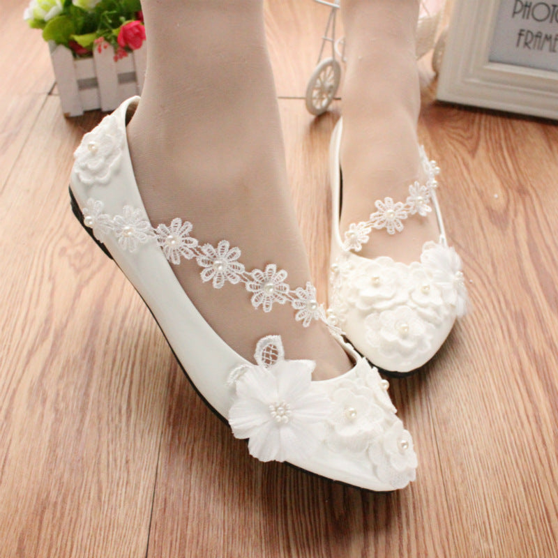 White Large Lace Low Heel Wedding Dress 3D Flower Women's Shoes