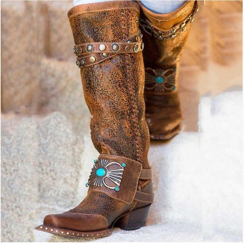 Ethnic Style Large Size Thick Heel Rivet Boots