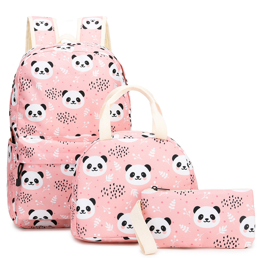 El nuevo conjunto de tres piezas de Panda Mochila escolar para escuela primaria Bolsa de comida para niños Estuche para bolígrafos