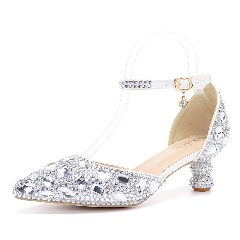 Chaussures basses d'été pour femmes, nouvelles chaussures à talon pointu en gourde de couleur bleue avec strass multicolores, mode mariage banquet