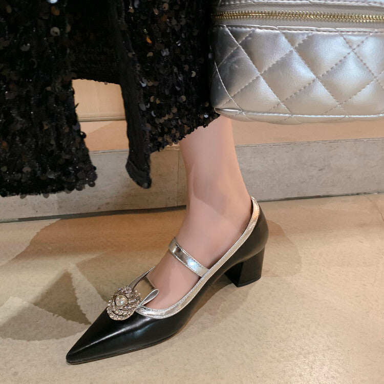 Chaussures à talons hauts en cuir avec boucle et bout pointu et bouche peu profonde, escarpins à talons épais et strass de luxe pour femmes