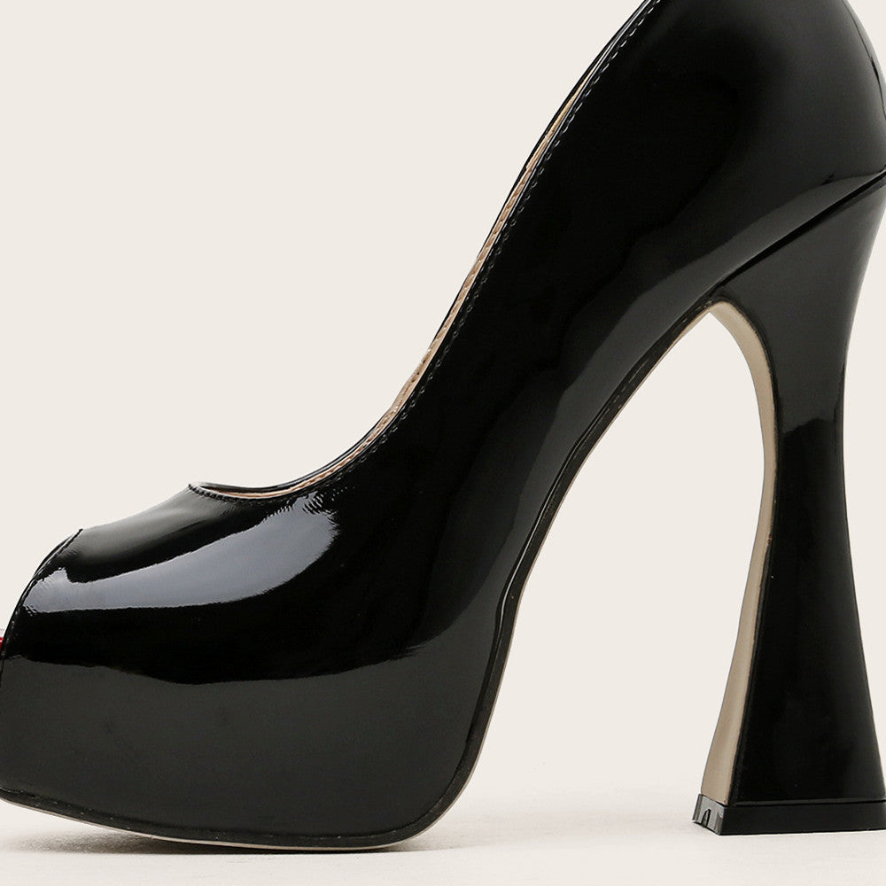 Fish-mouth Lacquered Thick Heel Shoes