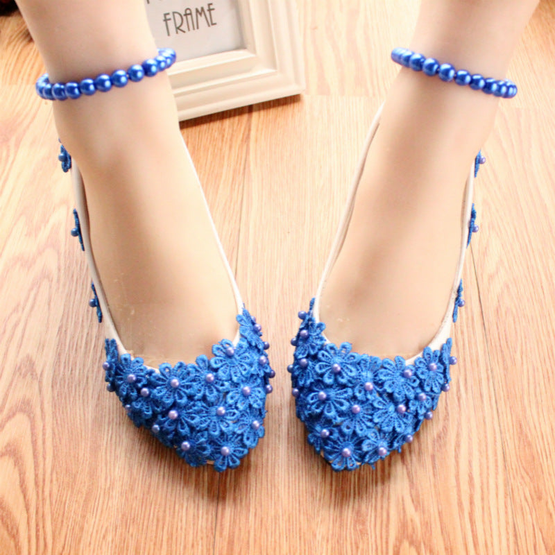 Zapatos de boda con tobilleros de perlas azules de moda para mujer