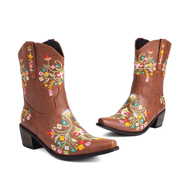 Embroidered Color Matching Ethnic Style Retro Chunky Heel Square Head Knight Martin Boots