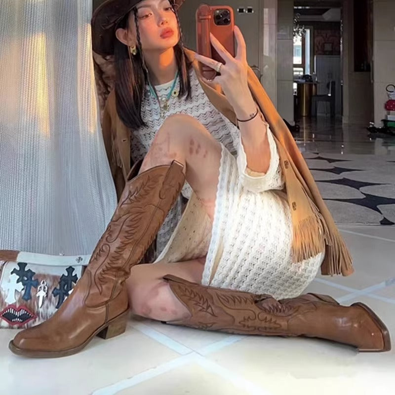 Bottes de chevalier en denim style western rétro à bout carré et talon épais pour femmes