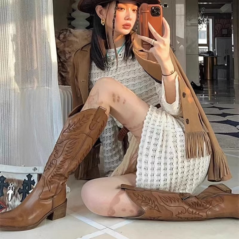 Botas vaqueras estilo western con tacón grueso y punta cuadrada estilo retro para mujer