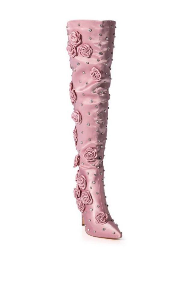 Bottes au-dessus du genou en tissu de soie avec rivets roses