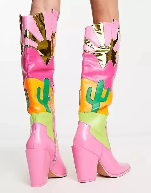 Ins Fashion Runway Chunky Heel Multi-color Mosaic Boots