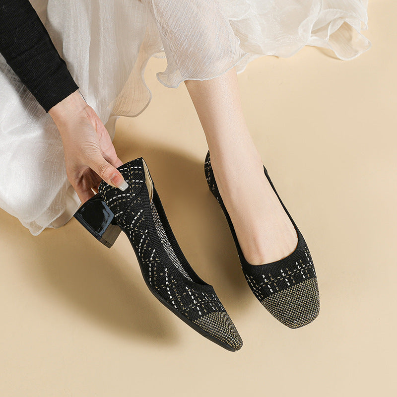 Gold Silk New Color-blocking Classic Style Square Toe Low-cut Chunky Heel Mid Heel Flying Woven Princess Shoes