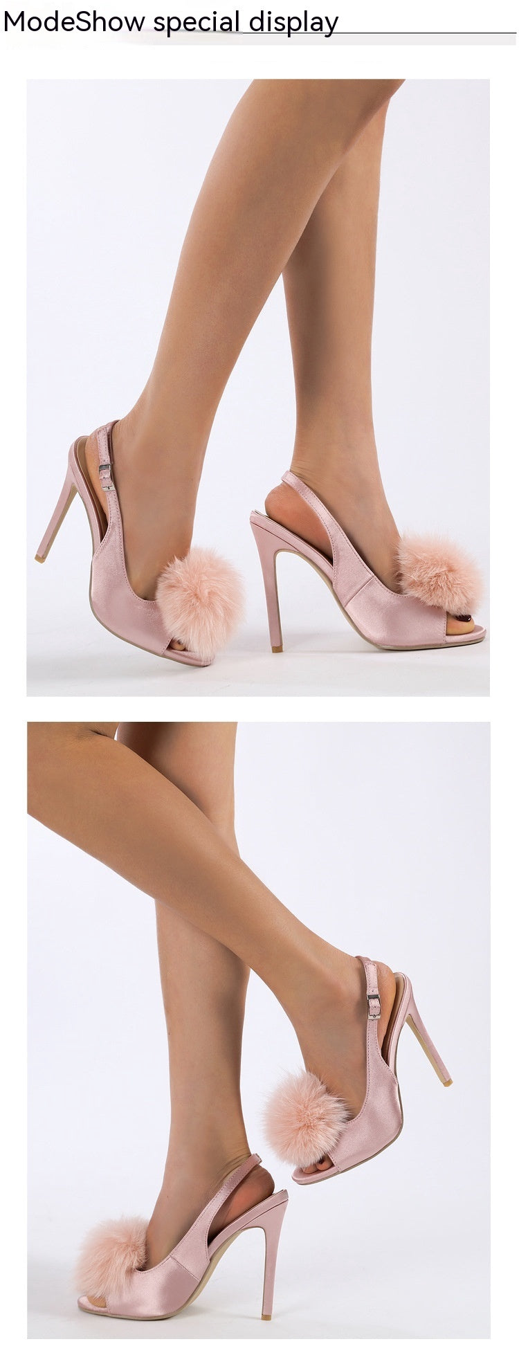 Sandale à talons hauts en satin doux et poilu pour femme avec bouche de poisson