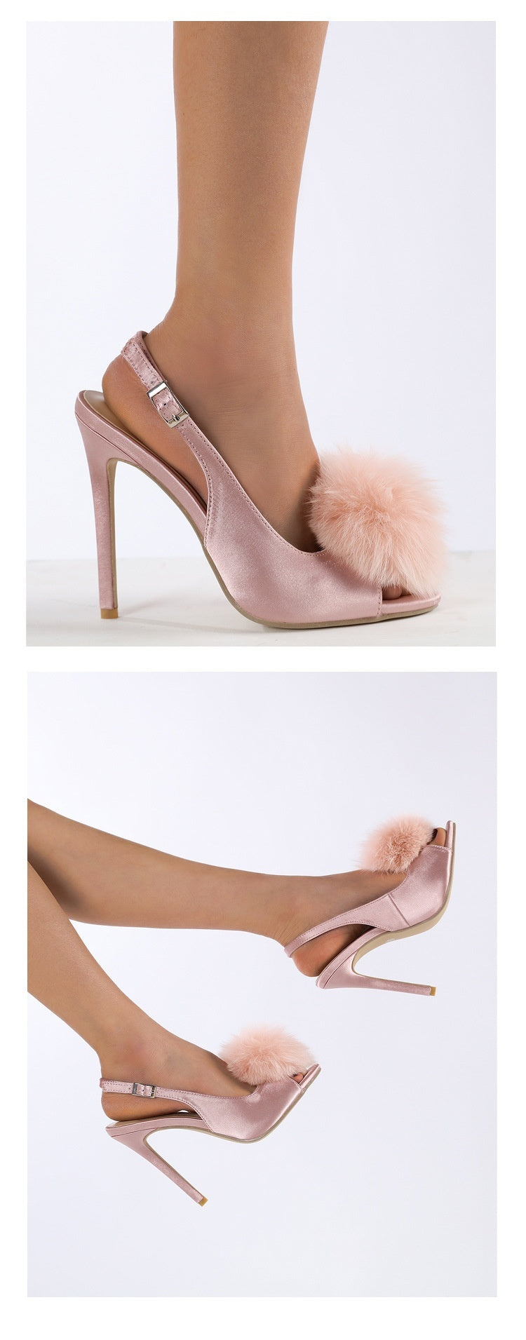 Sandale à talons hauts en satin doux et poilu pour femme avec bouche de poisson