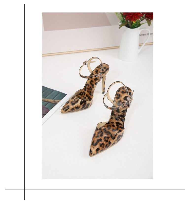 Tacones altos puntiagudos con estampado de leopardo y boca poco profunda para mujer, de talla grande, europeos y americanos