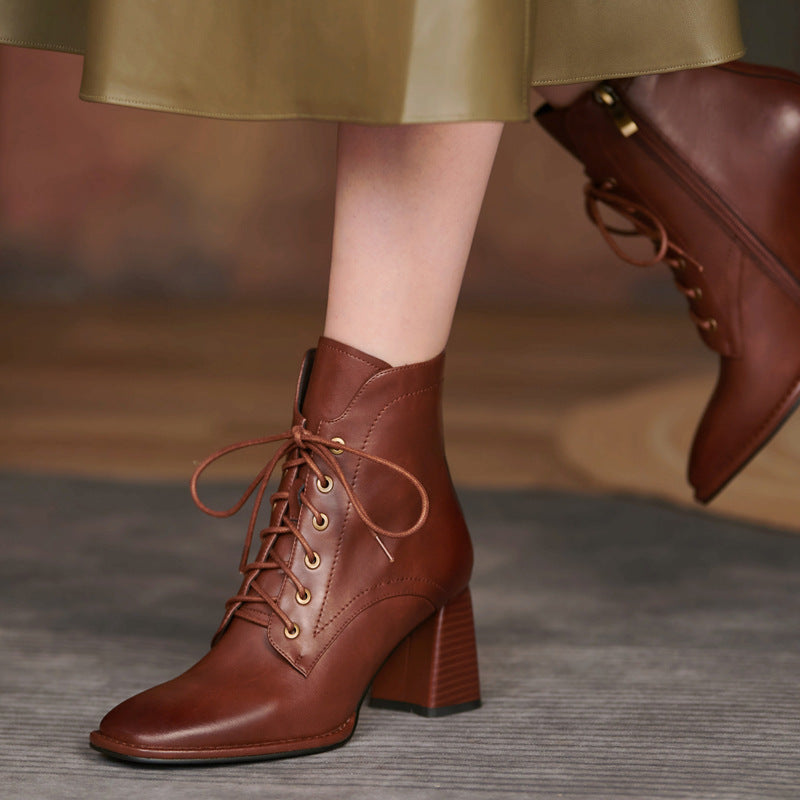 Bottes à talons hauts courtes et simples à lacets pour femmes, automne et hiver 2022, style rétro britannique