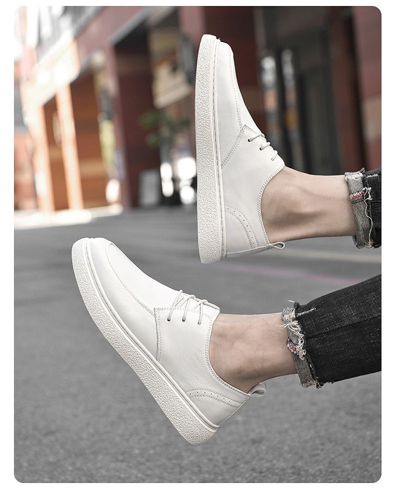 First Layer Cowhide Men's Casual Pumps Sole Leather Round Head Low-cut White Shoes