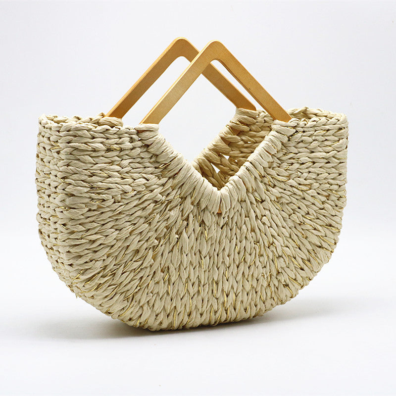 Hand Moon Bag Wooden Handle Straw