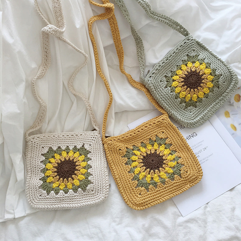 Bolsa de lana tejida con girasoles y corte de cadena