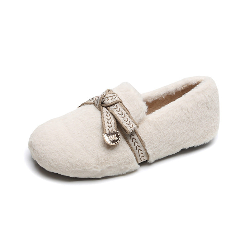 Zapatos de peluche para mujer, sin cordones, con lazo y forro polar