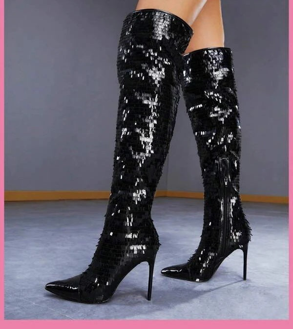 Bottes au-dessus du genou à paillettes à la mode pour femmes