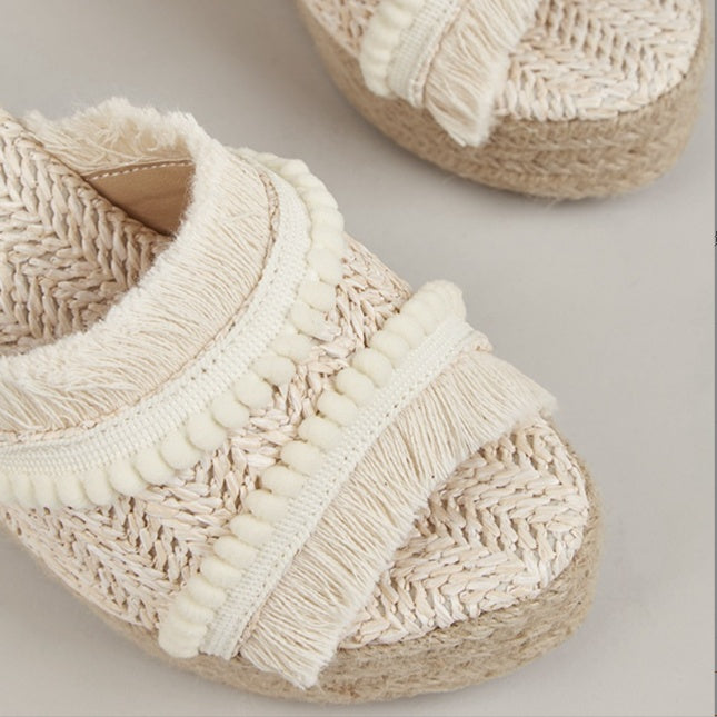 Pantuflas de cáñamo con cuña y borlas para uso diario en exteriores para mujer