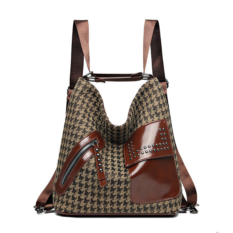 Mochila de pata de gallo para mujer, diseño de remaches a la moda, bolsos de hombro de leopardo