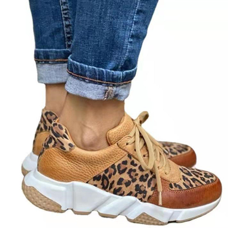 Large Size New Thick-soled Low-top Casual Shoes Round Toe Color-blocking Leopard Print Sneakers