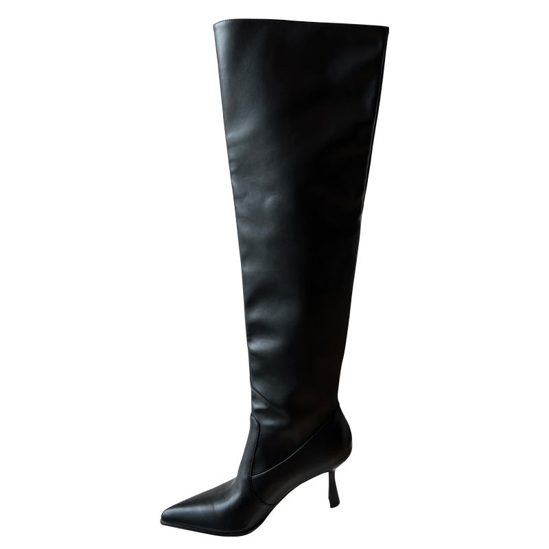 New Big Tube Circumference Pointed Toe Skinny Stilettos Pile Style Boots