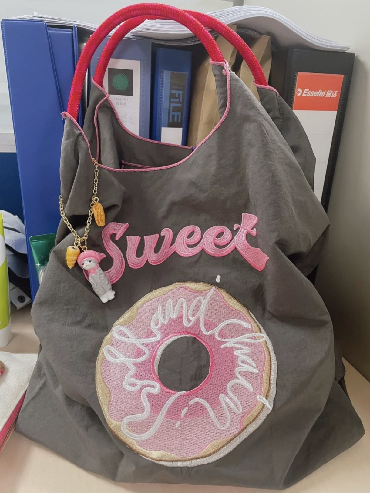 Bolsa ecológica con bordado de donuts de tela de nailon japonesa