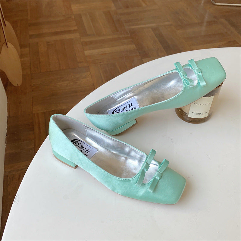 Fashion Shoes Square Head Candy Color Mary Jane Bow Low-cut Chunky Heel