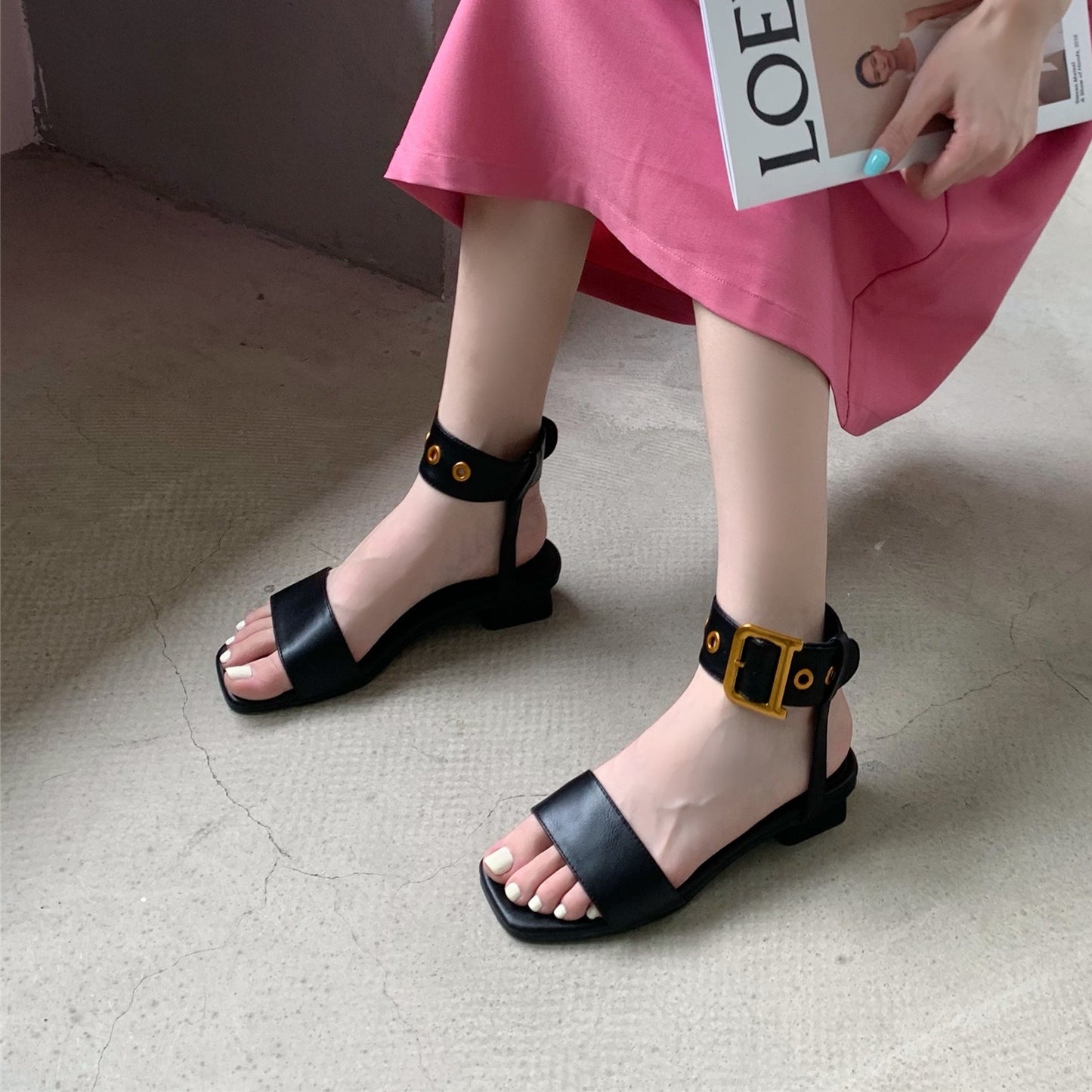 Chunky Heel Open Toe Leather Belt Big Gold Buckle Sandals