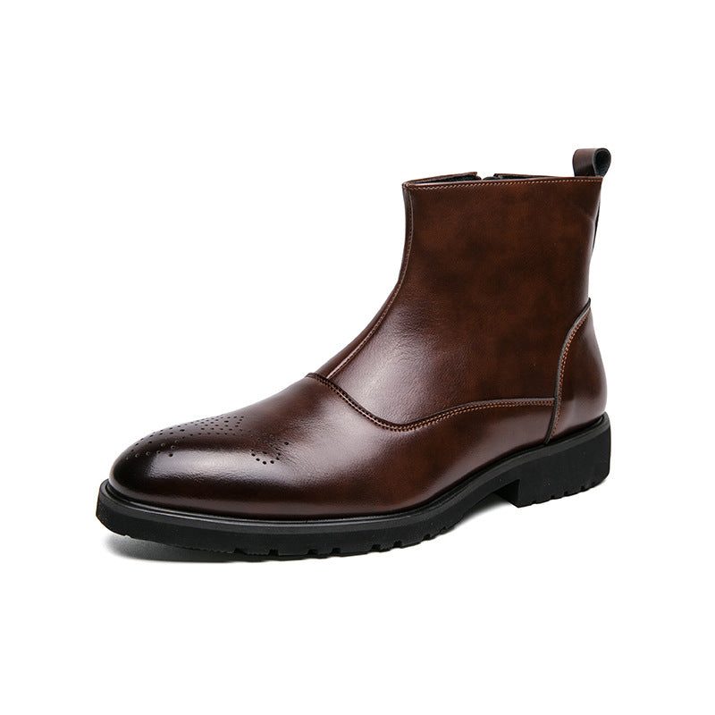 Botas de cuero puntiagudas de color sólido estilo británico con cremallera y sin cordones para hombre para otoño e invierno