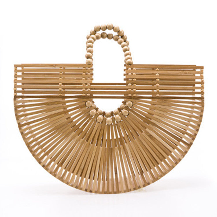 Bolso de mano portátil tejido con cuentas de madera Bolso de mano semicircular para playa Variedad de bolsos de ratán