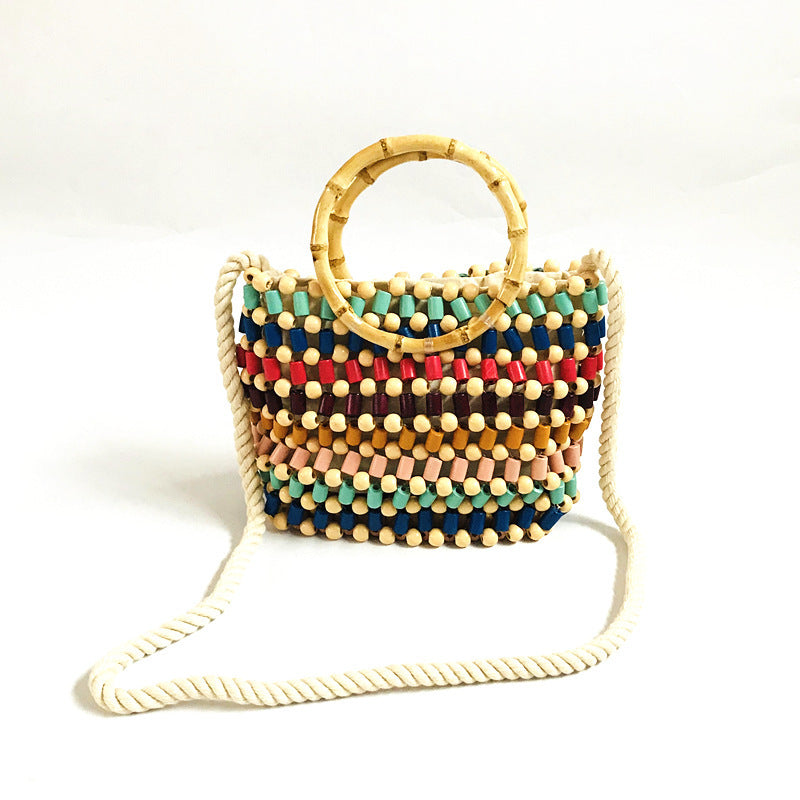 Bolso de hombro trenzado con perlas hecho a mano para mujer