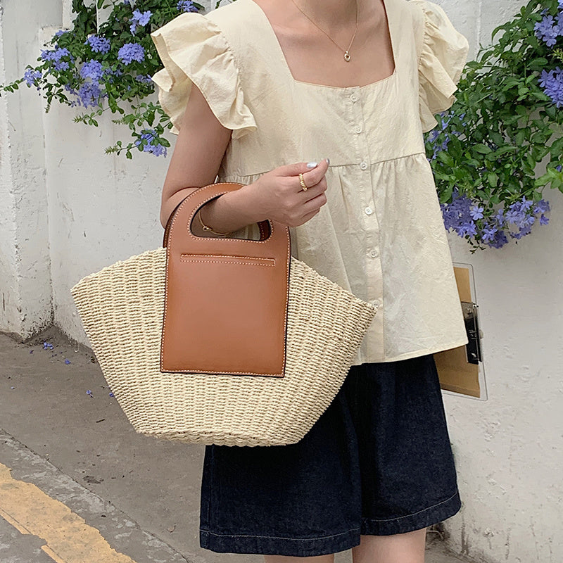 Splicing Retro Straw Bag With Large Capacity