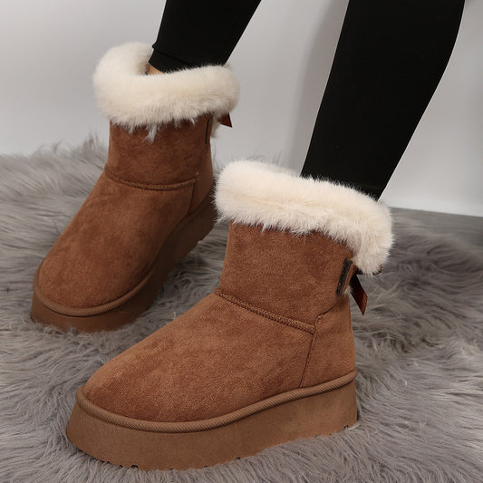 Nouvelles bottes de neige à nœud papillon hiver plus velours chaud bottines à semelles épaisses pour femmes simples chaussures de loisirs quotidiennes en coton