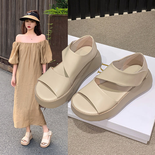 Sandalias de verano con plataforma de piel de vaca y velcro que aumentan la altura