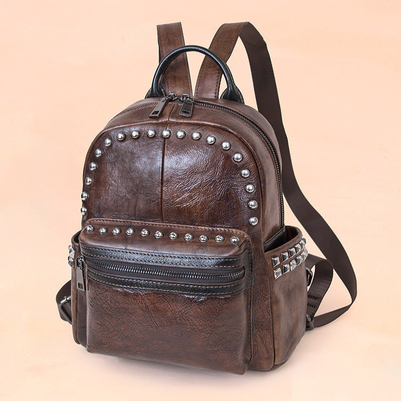 New Retro First Layer Soft Leather Backpack Ladies Handmade Large-capacity Leather Casual Rivet Travel Backpack Tide