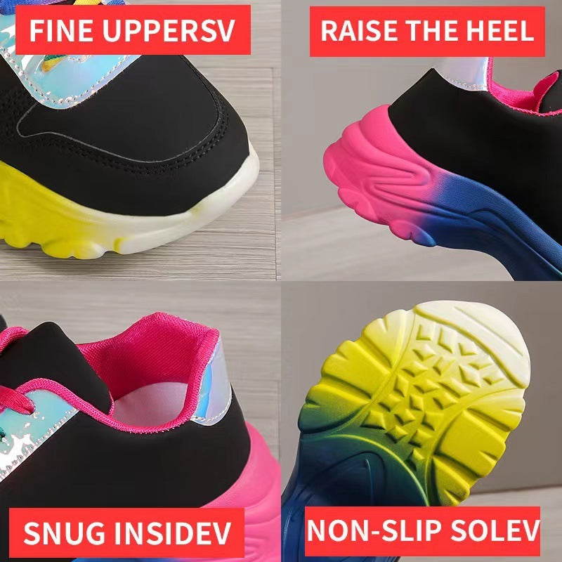 Chaussures de sport de couleur arc-en-ciel de style INS pour femmes, baskets à lacets à semelle épaisse, chaussures de course légères et décontractées à la mode