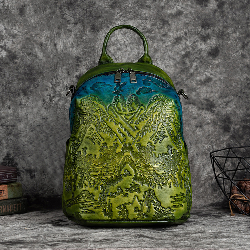 Vintage-embossed Vegetable Tanned Leather Backpack In Cowhide