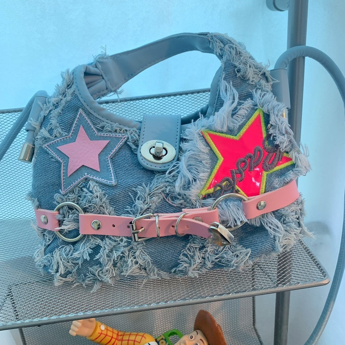 Hot Girl Style Five-pointed Star Patch Design Burlap Denim Crossbody Bag