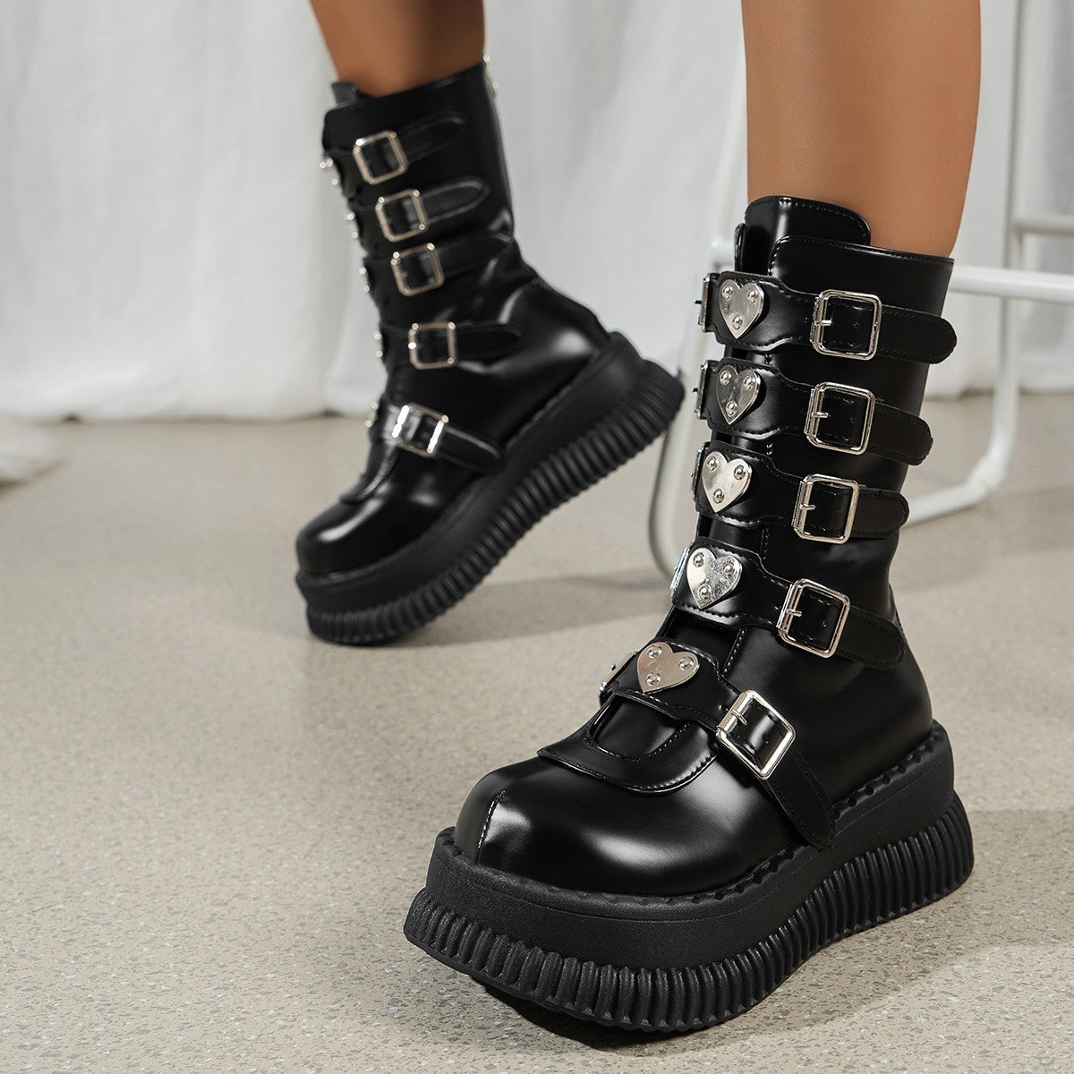 Heart Platform Shoes Dark Punk Mid-calf Martin Boots Female