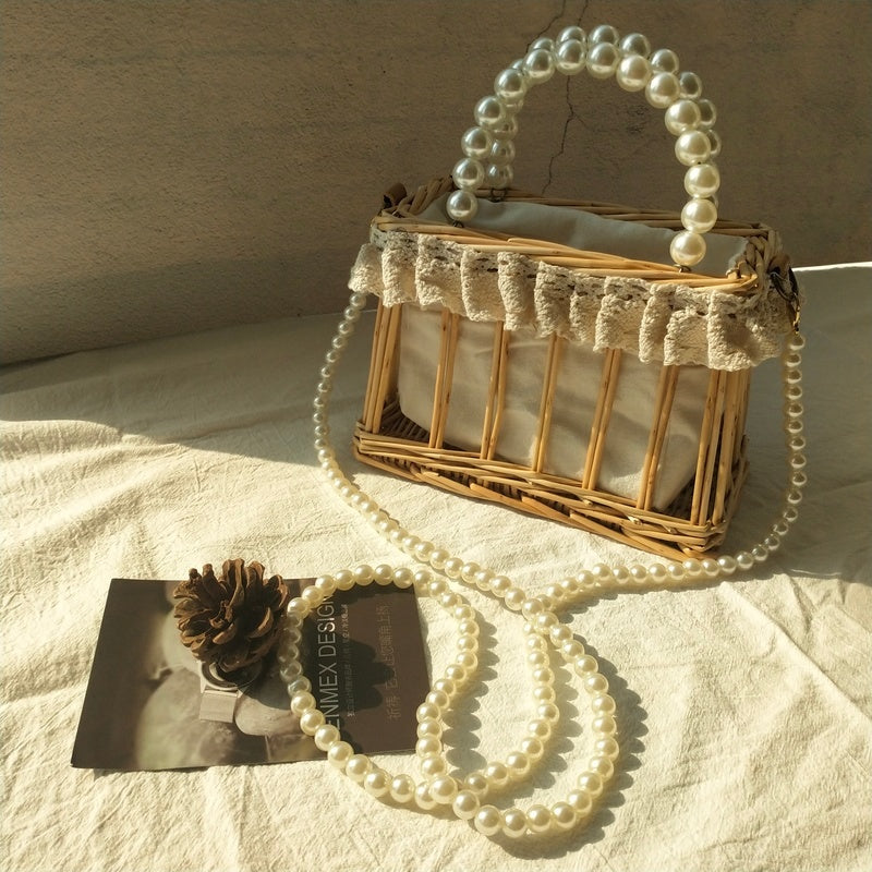 Handbag Chain Homemade Bag Pearl Woven Rattan Square Bag Straw Woven