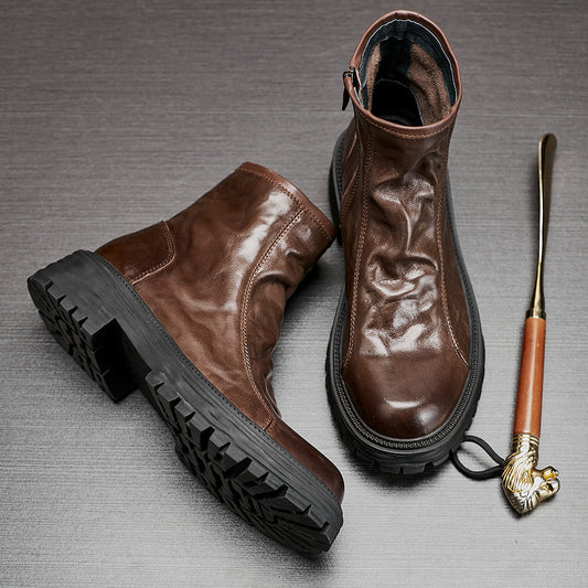 Bottes de travail montantes à plateforme en cuir véritable pour hommes, automne et hiver, tendance