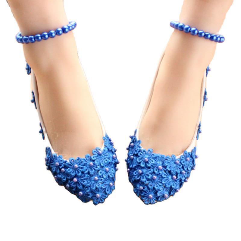 Zapatos de boda con tobilleros de perlas azules de moda para mujer