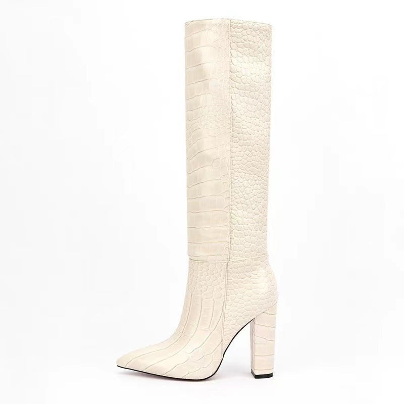 High Leg Boot Chunky Heel European And American Crocodile Pattern