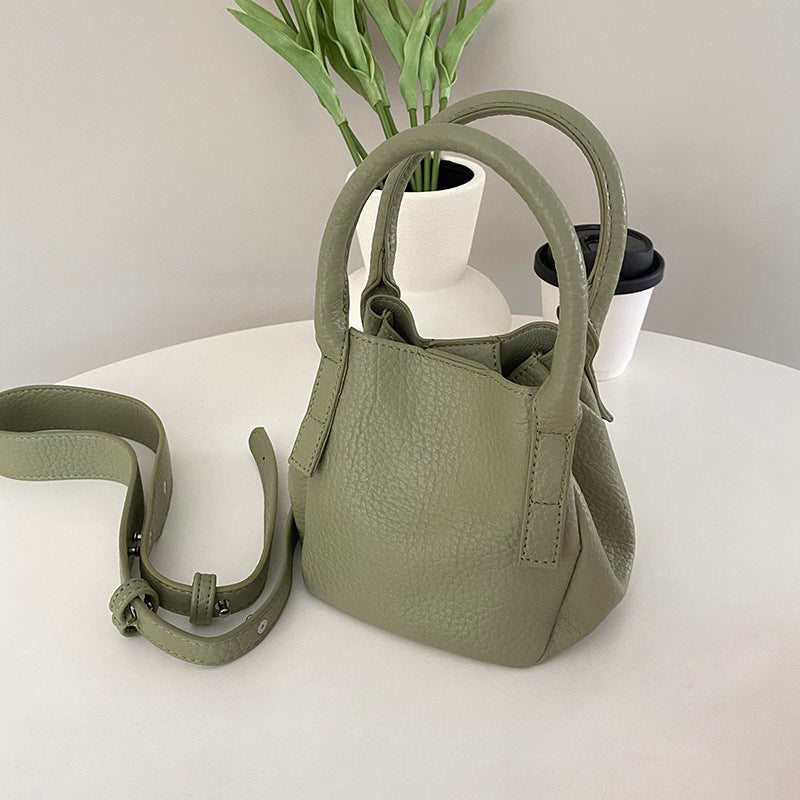 Litchi Soft Leather Solid Crossbody Basket Bucket Bag