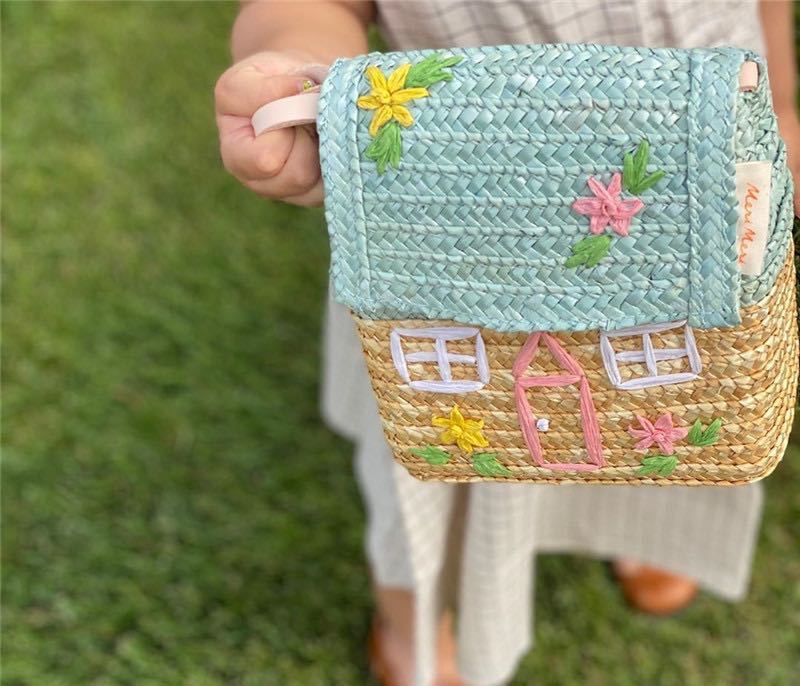 Bolsa de paja para niños Linda casita bordada